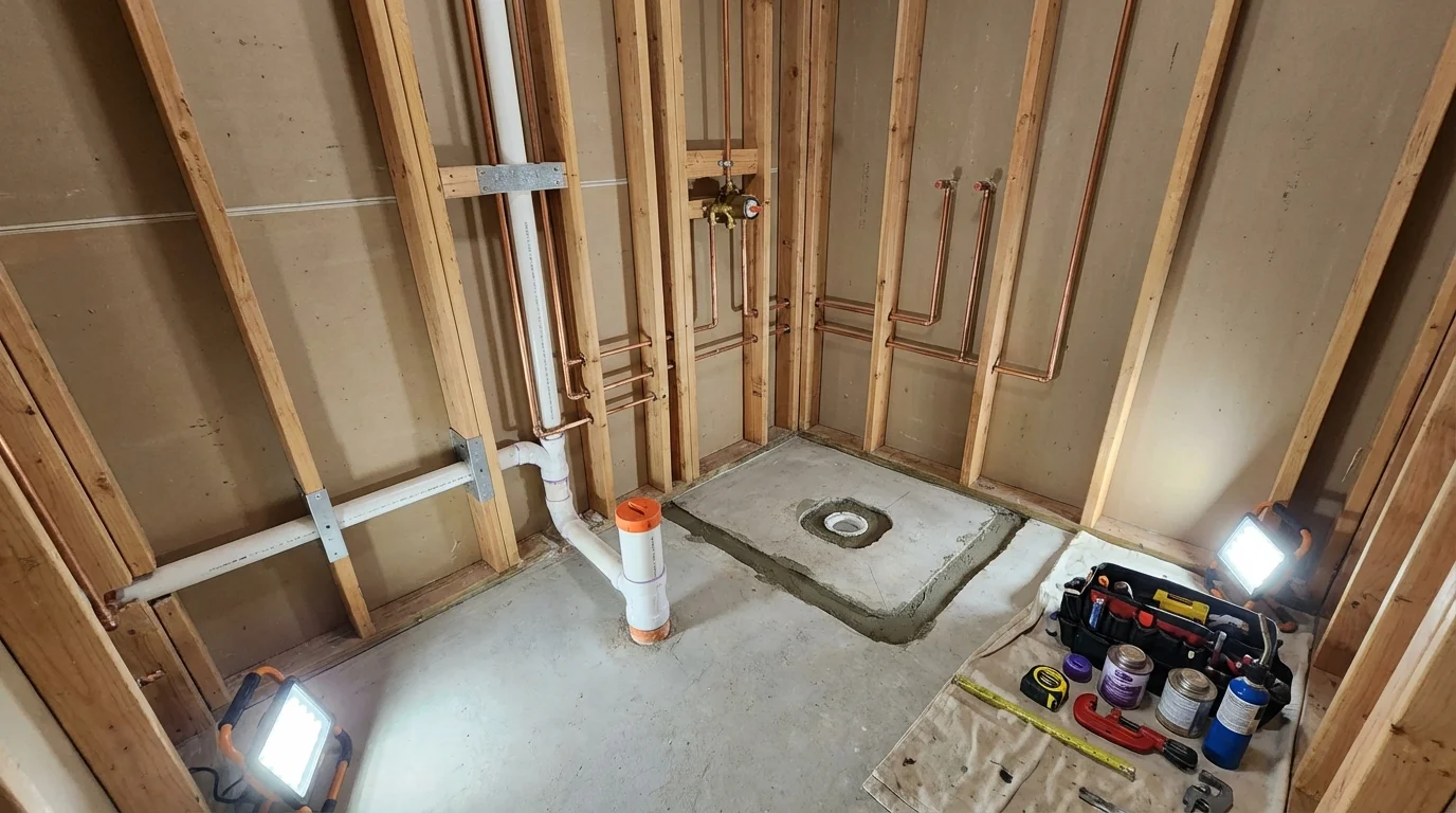 Bathroom rough-in plumbing during remodel by Johns Plumbing LLC in Cedar Bluff